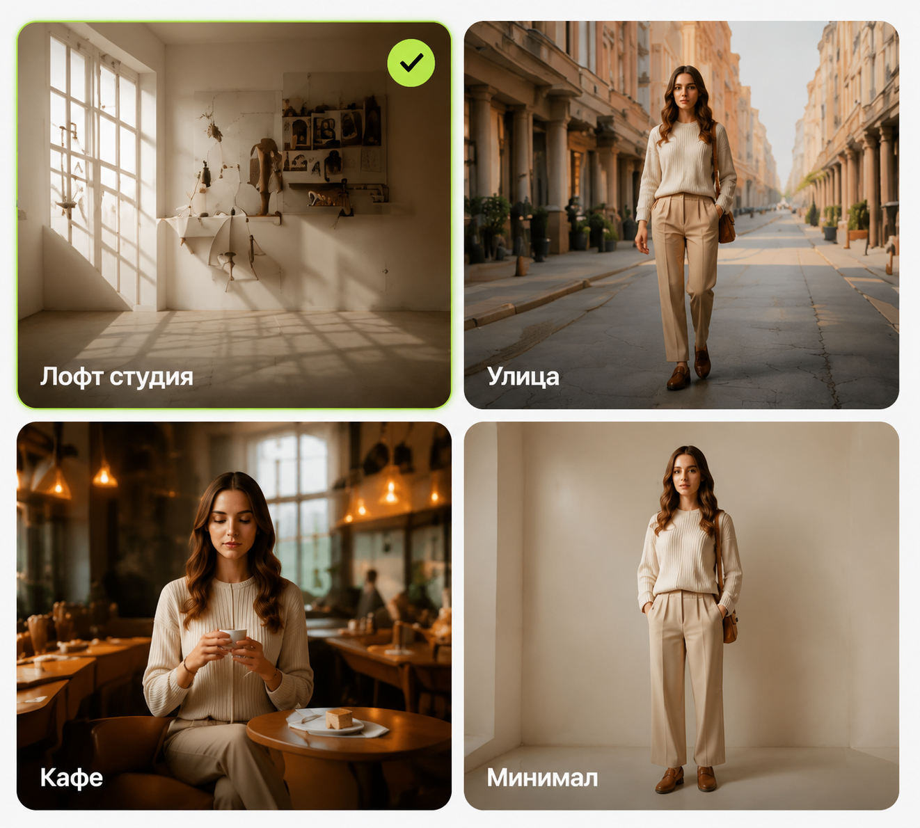 AI concepts grid with loft studio, street, cafe and minimal scenes